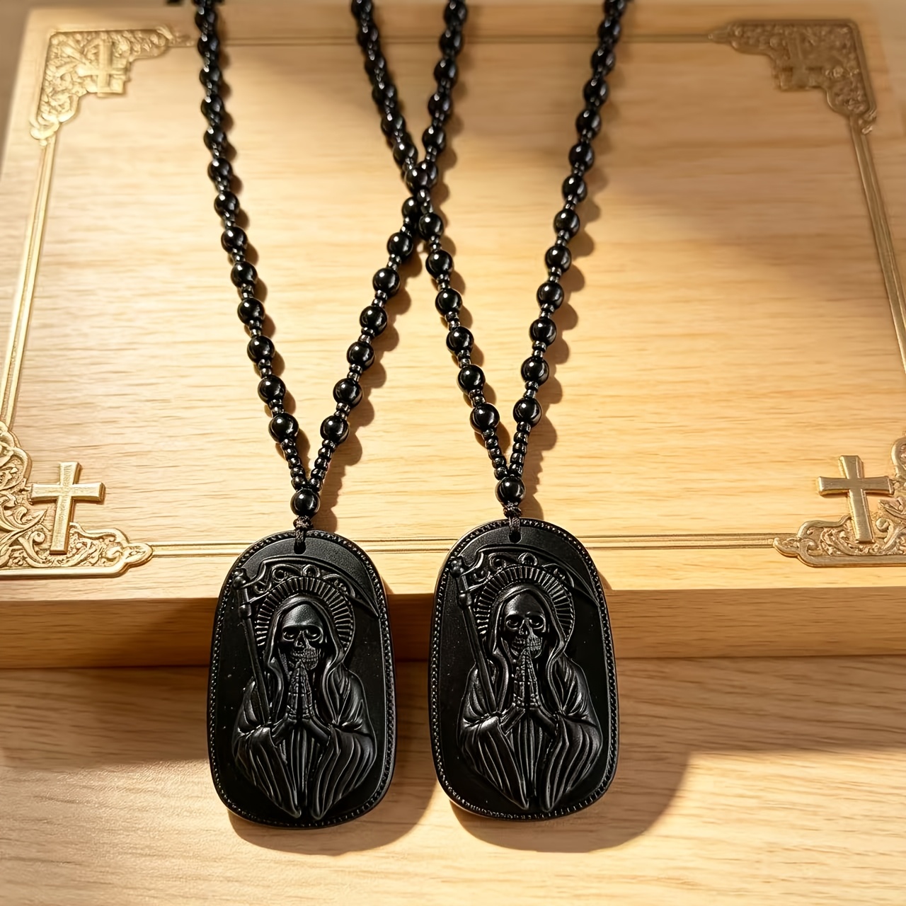 2pc Vintage Black Bead Pendant Necklace Set, Fashionable